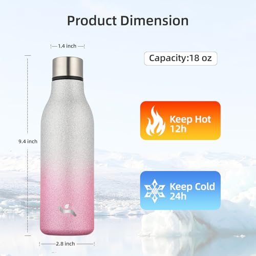 Image of Konokyo Insulated Water Bottle with Strap,18 oz Double Wall Stainless Steel Vacuum Bottles Metal Water Flask,Sparkling Silver Pink