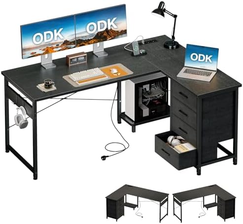 ODK Eckschreibtisch mit 4 Stoff Schubladen, 135×100 cm, Schwarz | L-Förmiger Ecktisch mit Steckdose und Stauraum, Schreibtisch mit CPU-Halterung, Reversibel, für Familienecke & Arb