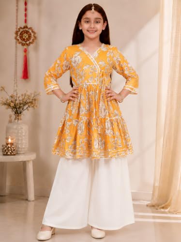 Image of Preneum Girl's Cotton Rayon Floral Printed Angrakha Kurta with Sharara & Dupatta