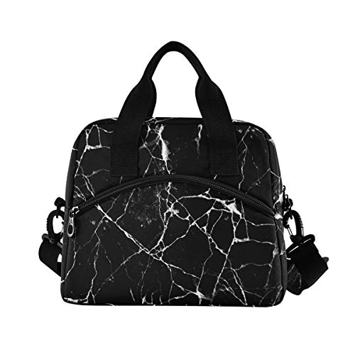 Orezi Lunch Bag For Girls Women,Black Marble With Abstract Lines Lunch Box Container With Detachable Shoulder Strap,Insulated Lunch Coolers For School Office #TOP1