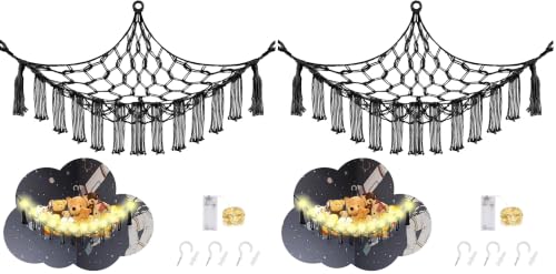 Image of CERETIA Stuffed Animal Hammock with LED Light, Large Stuffed Animals Storage Corner Plushie Net for Kids Room Decor, Black (Pack of 2)