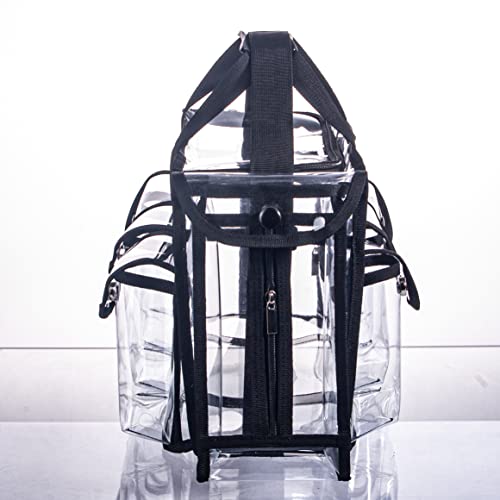 Wide Open Large Professional Clear PVC Travel Makeup Artist Set Bag Cosmetic Nails Beauty Bags Transparent Vinyl Tool Organizer Beach Bags Diaper Bag with 6 External Pockets & Strap (Black)4