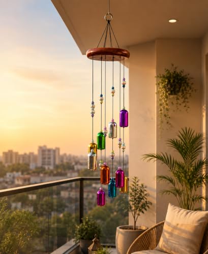 Image of Decorative Wind Chime for Home | Wooden House with Bells Colourful Beads | Positive Energy Balcony Living Room Hall Garden Home Decor (Bells Wind Chime)