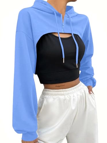 Hilinker Women's Zip Up Long Sleeve Cropped Hoodie Workout Drawstring Super Crop Tops Light Blue Small