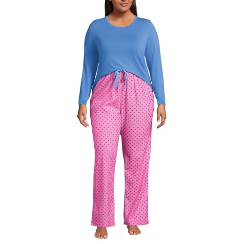 Lands' End Women's Pajama Set Knit Long Sleeve T-Shirt and Flannel Pants