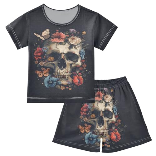 ALAZA Vintage Skull Flowers and Butterfly Pajama Set Short Sleeve Sleepwear Soft Lounge Nightwear