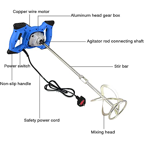 Electric Paddle Mixer to Mix Motar, Plaster, Cement, Concrete, Paint, Resin, Adhesives - 2600W, Portable Drill Mixer, M14 Mixing Rod, 120mm Diameter Stirrer, Adjustable 6 Speed