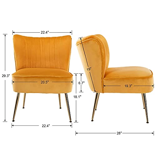 Modern Velvet Accent Chair Set of 2 with Golden Legs,Armless Slipper Chairs Side Chair for Living Room Home Office, 20.5\" Wide Reading Corner Chair for Space Saving, Yellow