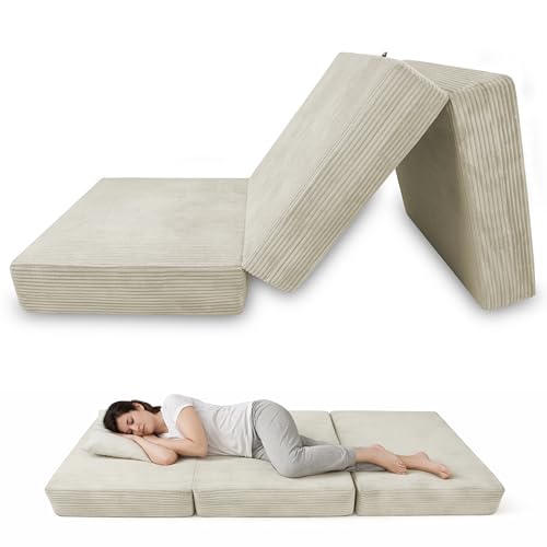 POKAR Colchón Plegable de 3 Piezas 120x195x15 cm | Colchón de Espuma en Pana Suave Corduroy | Cama de Invitados y Camping | Colchoneta de Viaje | Certificado Oeko-Tex Marfil