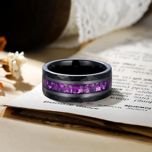 8mm Black Tungsten Rings for Men Hammered Men's Engagement Promise Wedding Band Nebula Fire Red Opal Galaxy Black Sandstone Inlay Personalized Comfort Fit Size 7-142