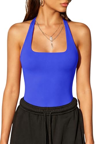 Image of QINSEN Womens Halter Top Double Lined Tank Top Sleeveless Open Back Slim fit Going Out Tops