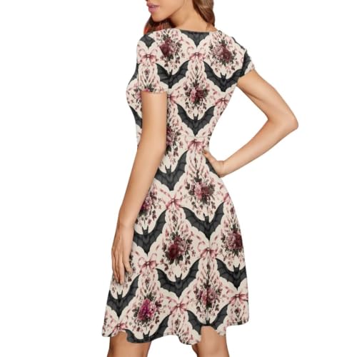 Image of POLERO Women Puffy Swing Elegant Party Midi Dresses Short Sleeve Round Neck A-Line Dress