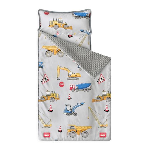 Image of Wake In Cloud - Toddler Nap Mat with Pillow and Minky Fleece Blanket, for Kids Boys Ages 3 Plus in Daycare Preschool Kindergarten, Roll Up Sleeping Bag, Construction Trucks
