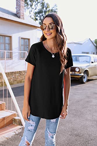 Long Tops To Wear With Leggings Short Sleeve Raglan Loose Tunic Tshirts (Xl,Black) #TOP4