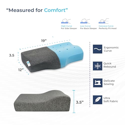 Image of CalmNest Anti-snoring Cervical 100% Memory Foam Pillow for Neck Pain & Shoulder Pain| Sleeping Pillow for Spondylitis Neck| Orthopaedic Ergonomic [1x 19 Blue Foam & Gray Cover]