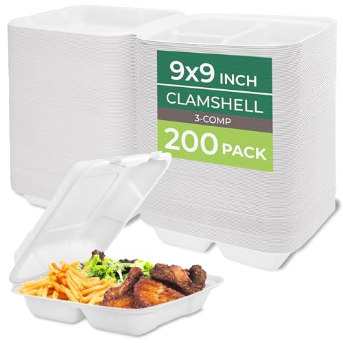 Image of Freshware Clamshell Food Containers with Lids [9x9 inch] 3-Compartment 200-Pack, Disposable To Go Containers, Biodegradable Sugarcane To Go Boxes - Paper Containers - Microwave & Freezer Safe, Stackable