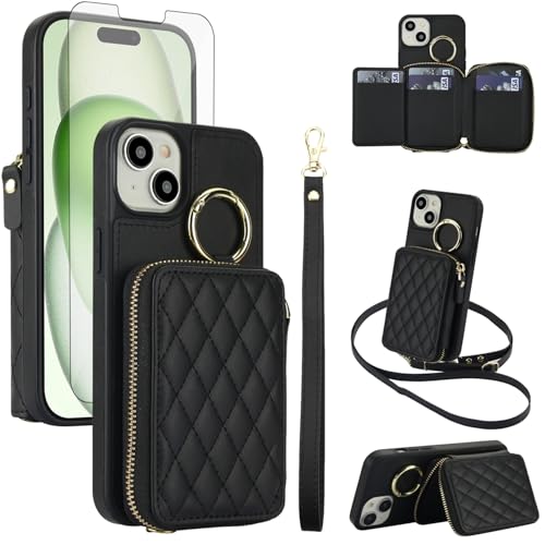 Asuwish Phone Case for iPhone 15 6.1 inch Wallet Cell Cover RFID Blocking with Screen Protector Wrist Crossbody Strap Zipper Ring Buckle Card Holder Slots i Phone15 i15 15Case Women Girls Black