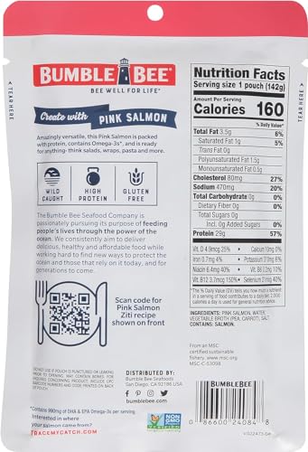 Bumble Bee Skinless & Boneless Pink Salmon, 5 oz Pouch - Premium Wild Caught Salmon for Snacks, Sandwiches & Recipes - 29g Protein per Serving - Gluten Free, Kosher, MSC Certified