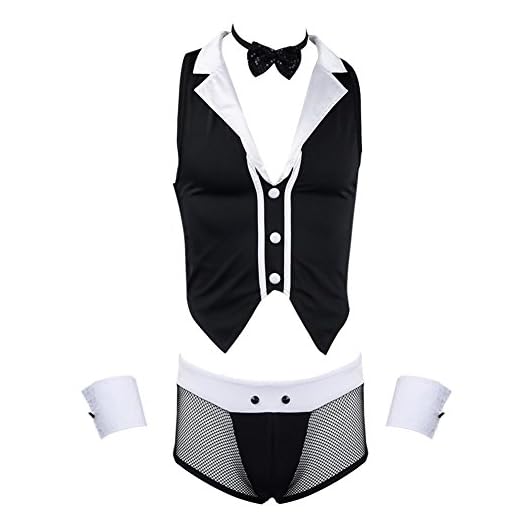 dPois Lencería Erótica Hombre Conjunto de Ropa Interior Calozncillos + Pajarita + Chaleco + Puños Mankini Thong Disfraz de Maid Cosplay Traje de Pijama Briefs Sexy Tops sin Manga Negro One_Size