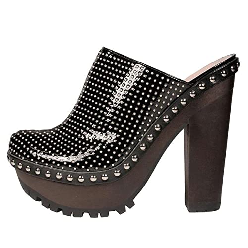 XYD Women Cork Platform High Heel Studded Mules Chunky Block Glossy Pumps Chic Studs Closed Round Toe Slides Fashion Nightclub Shoes