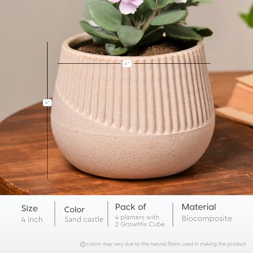 Image of Eha Earth Friendly Oreo 4 inch Small pots for Indoor Plants with 2 Growmix | Pack of 4 | Made with Bamboo Fibers|Table Top Planters for Home Decor and Office, Flower Pot for Living Room|Sand Castle