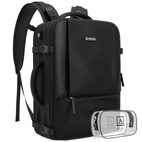 NUMADA-Mochila Viaje Cabina Avión 40x20x25cm (20L) + Regalo Neceser con Compartimento para Portátil 15'. Mochila Ryanair con Asas Acolchadas, Cintas de Apriete, Zapatero y Zona para Líquidos|Negra
