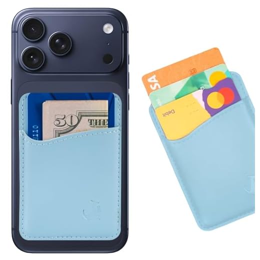 Premium Leather Phone Card Holder Stick On Wallet for iPhone and Android Smartphones (Pastel Blue Leather)