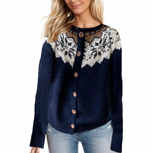 Akivide Women's Fair Isle Crewneck Cardigan Sweater Fall Winter Cute Button Down Chunky Knit Coat Outwear