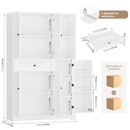 Miniatura 3 de Firfurd Alacena Cocina, Armario Despensa Cocina, Armario Muebles Almacenaje Grande, Aparador Con 5 Puertas Y 1 Cajón, 2 Estantes Abiertos, Encimera Para Microondas, Especiero, Blanco 173x104x40cm