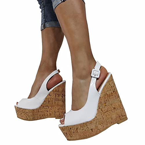 DERBUT Sandali da Donna Super Alti con Tacco Alto 15 cm con Fibbia alla Caviglia, Piattaforma Sexy con Tacco a Cuneo, White-43