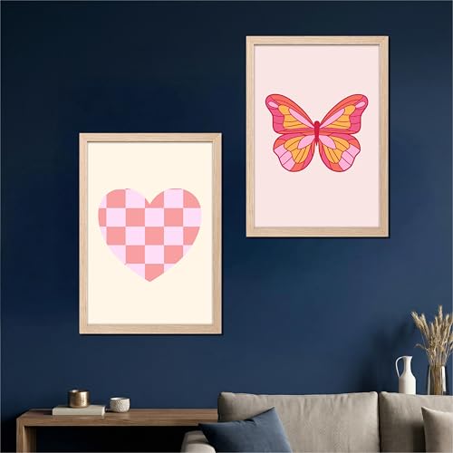 Image of NoWorries Pink Aesthetic Heart & Butterfly Wall Art Framed Painting Set | Cute Minimal Art Prints | Premium 300 GSM Paper Print with Synthetic Wooden Frame | Modern Wall Decor for Bedroom, Living Room, Girls Room & Studio (Set of 2) (NATURAL, ART-3, 13X19INCHES)