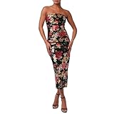 Lulus Pixie Metallic Floral Mesh Midi Dress for Women Strapless Black Cocktail Dress with Ruched Bodycon Fit, Elegant Floral Print, and Back Slit for Evening & Party Wear