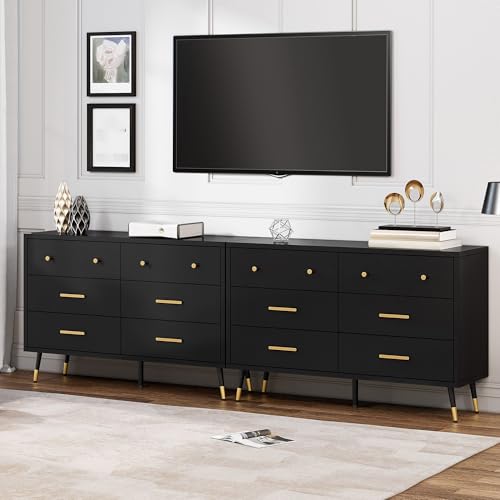 DWVO 6 Drawer Dresser, 47.2" Wide Black Wooden Drawers Storage Dresser with Golden Metal Handle & Anti-Tipping Device, Modern Double Chest of Drawers for Bedroom,Hallway, Entryway, Living Room