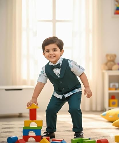Image of Baby Boys Formal 3 Piece Suit Set with Shirt Matching Pant, Waistcoat & Bow Tie Kids Outfit, Stylish Dress for Toddler & Little Boys, Comfortable Designer Clothing Set