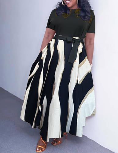 Image of Hostoyo Women Plus Size Formal A Line Maxi Dress Self Tie Waist with Pockets Elegant Round Neck Swing Long Dresses