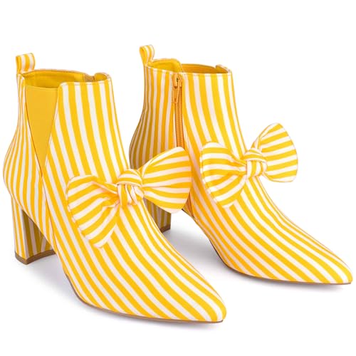 Image of Perphy Women's Bow Stripe Pointed Toe Chunky Heels Ankle Boots