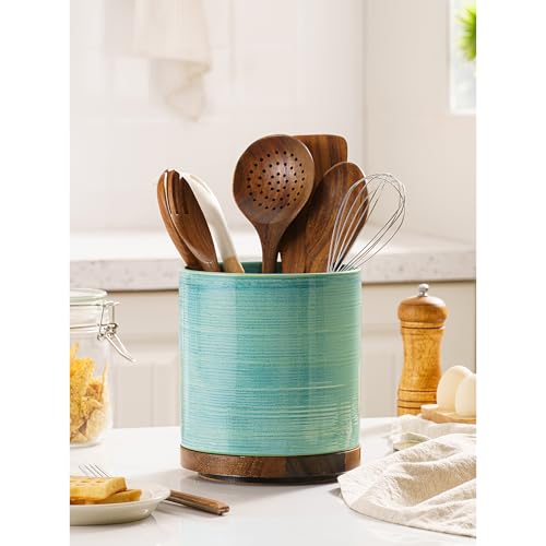 Image of Utensil Holder, 360 Rotating Extra Large Ceramic Kitchen Utensil Holder for Countertop, Cooking Utensil Crocks for Counter with Rotatable Wooden Base, Farmhouse Kitchen Decor, Green