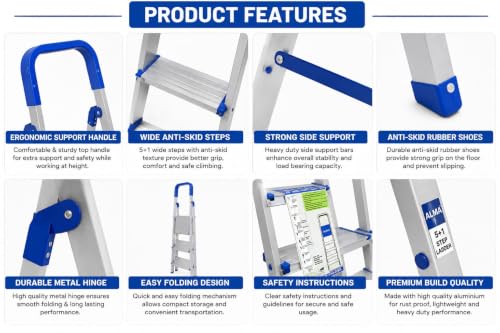 Image of Heavy-Duty 6-Step Aluminium Folding Ladder with Safety Hand Railing | Anti-Slip Wide Steps | Lightweight Foldable Ladder for Home, Kitchen, Cleaning, Painting, Maintenance & Indoor /Outdoor Use