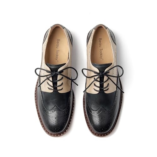 Image of BEAU TODAY Oxford Shoes for Women,Leather Brogue Dress Shoes,Comfort Brethable Ladies Lace-up Handmade Wingtip Shoes for Business Work