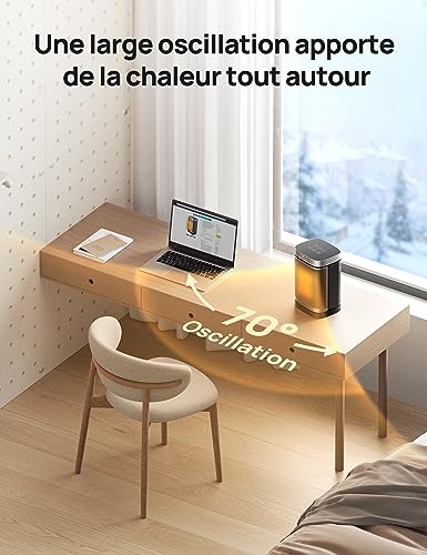 dreo chauffage d'appoint atom one, oscillant sur 70°, Électrique, radiateur céramique ptc avec thermostat, minuterie 1 12 h, télécommande, protection anti surchauffe et anti basculement, mode eco