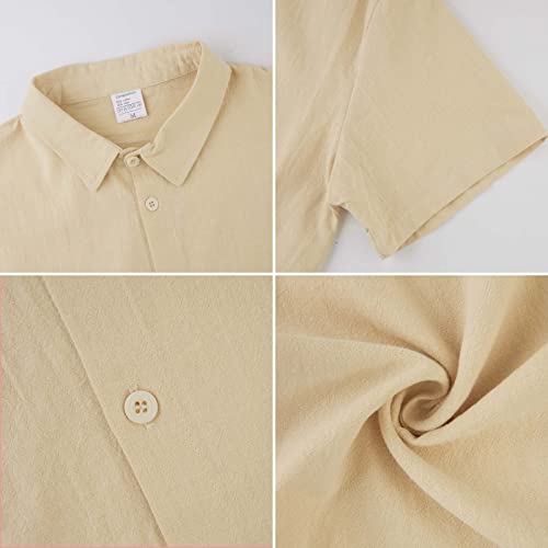Halfword Camisa Lino Hombre Manga Corta Verano Casual Coton Botones Camisa Suelta Playa Boda Blanca Shirt Beige XL