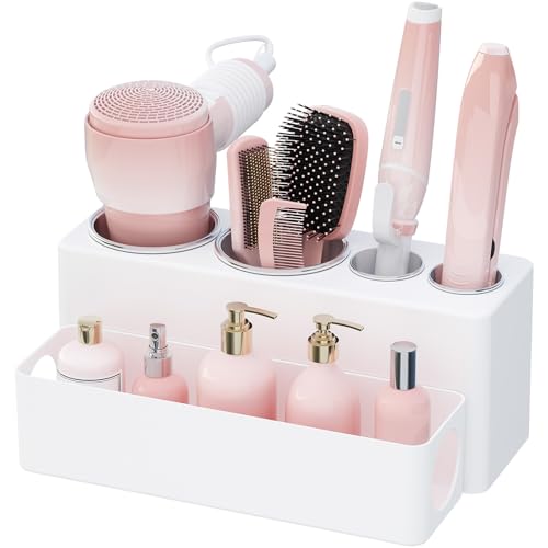 Lifewit Hair Tool Organizer Countertop Removable Blow Dryer Holder for Bathroom Acrylic Hot Tools Organizer Storage for Curling Iron Brush Straightener 4 Stainless Cups White 30 cm/12 inch(L)