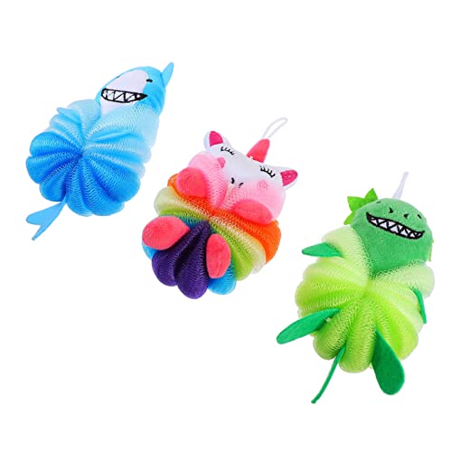 SOESFOUFU 3個子供用バススポンジ カートゥーンキャラクターのやわらかいシャワーボール 肌をやさしく洗浄 マッサージ 血行促進 泡立ちが良いメッシュバス用品