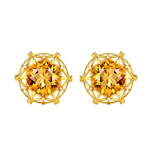 ZQHWYZ Stud Earrings Women, Yellow Gold Earrings Women 18Ct 6.6ct Yellow 15Mm Nest Shape With Round Citrine Diamond Earrings Gol