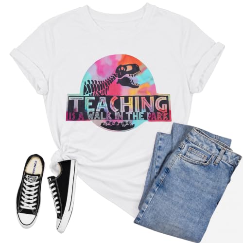 Teacher Shirt Women Dinosaur T-Shirt Teaching is a Walk in The Park Shirt