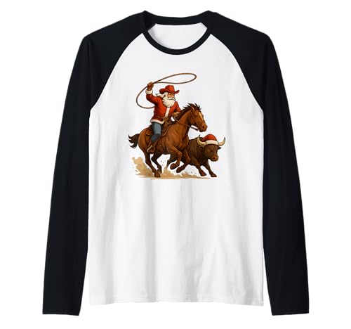 Santa Claus Cowboy Vintage Western Christmas Pajamas Xmas Raglan Baseball Tee