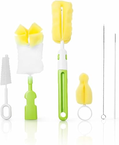 5-Piece Baby Bottle Brush Set – Sponge + PP – Bottle, Nipple, Pacifier, Straw Cleaning