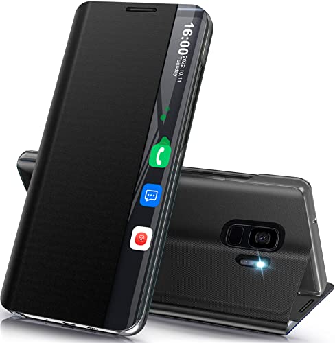 Image of Qissy Phone Case for Samsung Galaxy S9, Clear View Luxury Slim S9 Case with Kickstand, Leather Hard PC Flip Shockproof Protective Cover for Samsung S9 4G/5G Case (Black)