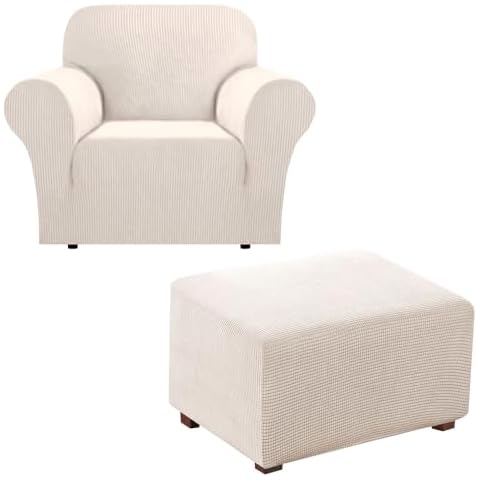 Flamingo P High Stretch Sofa Slipcover Bundle Ottoman Cover with Elastic Bottom, Ivory Cover