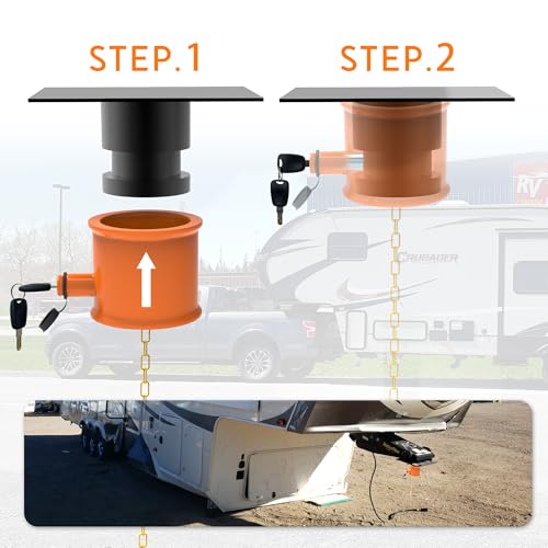 Image of 5th Wheel King Pin Lock, Heavy Duty Steel Trailer Pin Lock for RVs, Semi Trailers and Trucks, with Anti-Theft Waring Tag, Orange